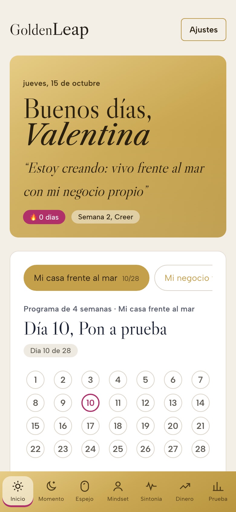 Pantalla de inicio de Versión 1·5·3: día 10 de 28